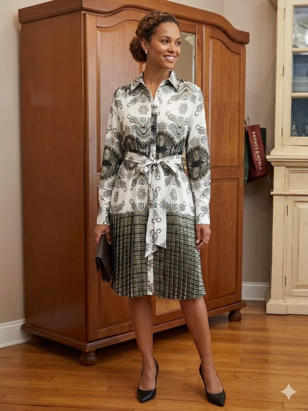 Tie-Waist Midi Shirt Dress in Cream and Black Paisley